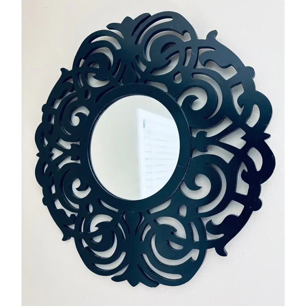 Decorative Black Wood Scroll Wall Mirror 20” diameter